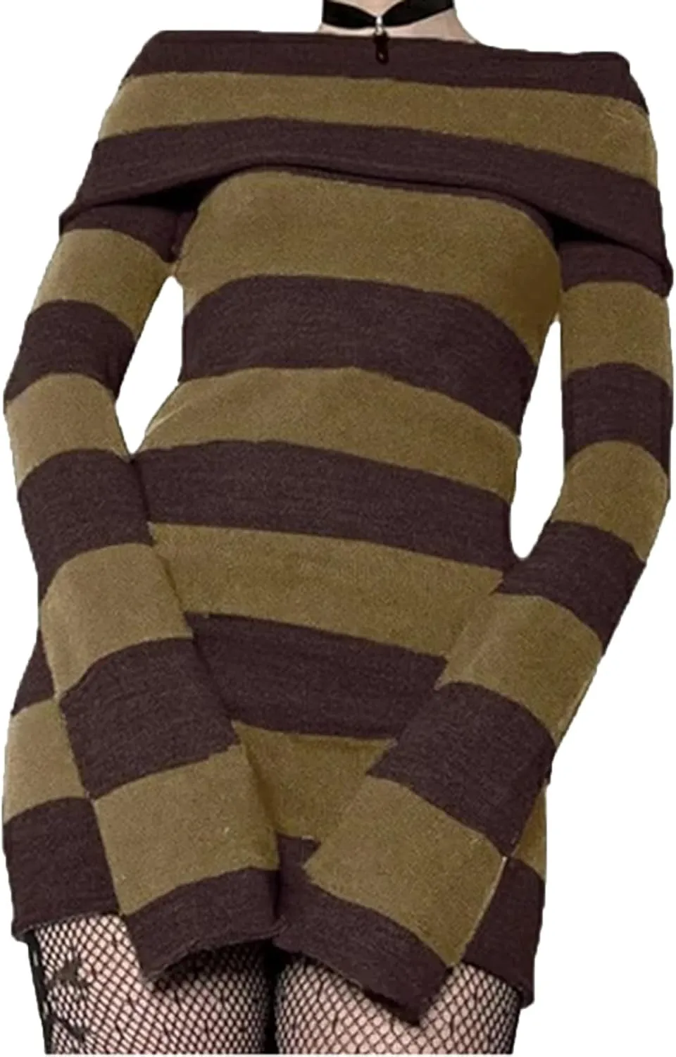 Aopwsrlyi Women's Stripped Long Sleeve Sweater Dress Y2K Off Shoulder Slash Neck Knit Bodycon Mini Dress