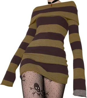 Aopwsrlyi Women's Stripped Long Sleeve Sweater Dress Y2K Off Shoulder Slash Neck Knit Bodycon Mini Dress