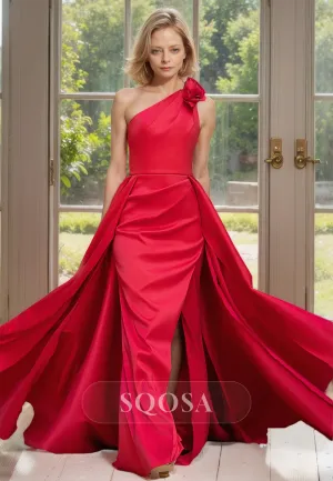 Asymmetrical One-Strap Sleeveless Mother of the Bride Dress Floral Embellished Cocktail Gowns with Overskirt