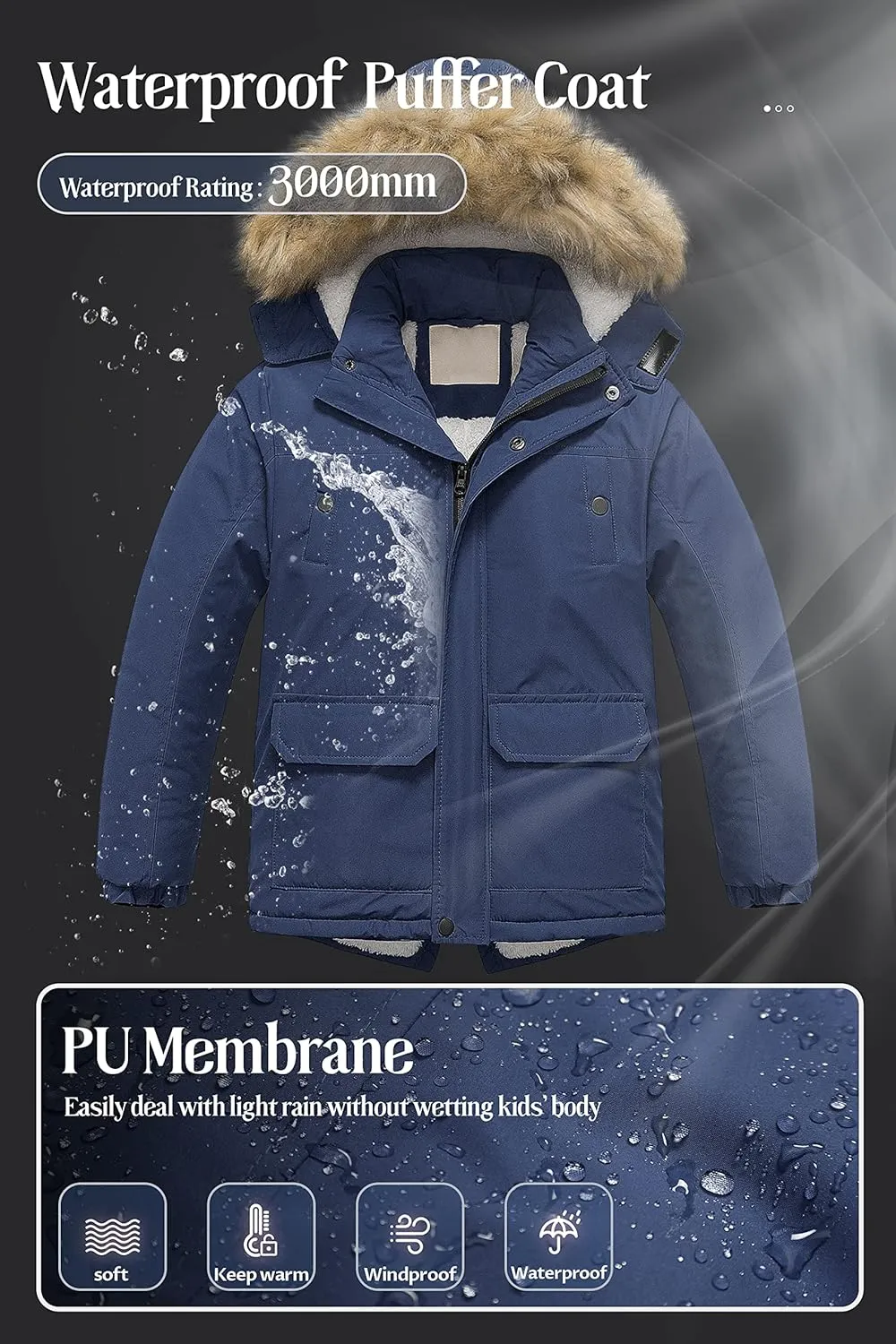 Chrisuno Boy's Waterproof Winter Sherpa Parka Coat Med-Length Outerwear Jackets With Detachable Furry Hood