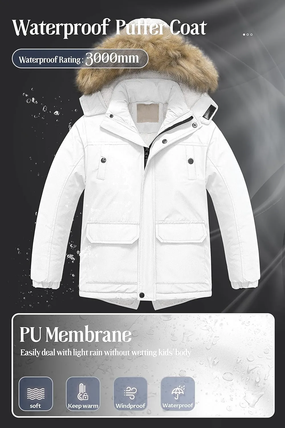Chrisuno Boy's Waterproof Winter Sherpa Parka Coat Med-Length Outerwear Jackets With Detachable Furry Hood