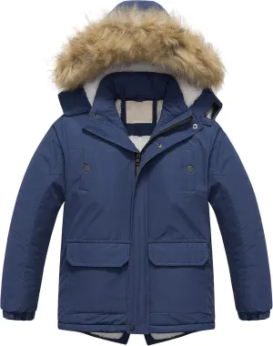Chrisuno Boy's Waterproof Winter Sherpa Parka Coat Med-Length Outerwear Jackets With Detachable Furry Hood