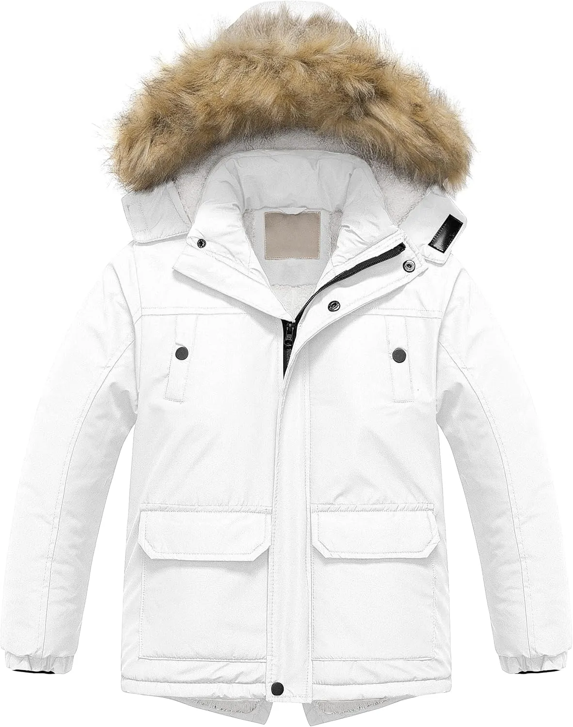 Chrisuno Boy's Waterproof Winter Sherpa Parka Coat Med-Length Outerwear Jackets With Detachable Furry Hood