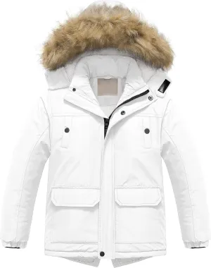 Chrisuno Boy's Waterproof Winter Sherpa Parka Coat Med-Length Outerwear Jackets With Detachable Furry Hood
