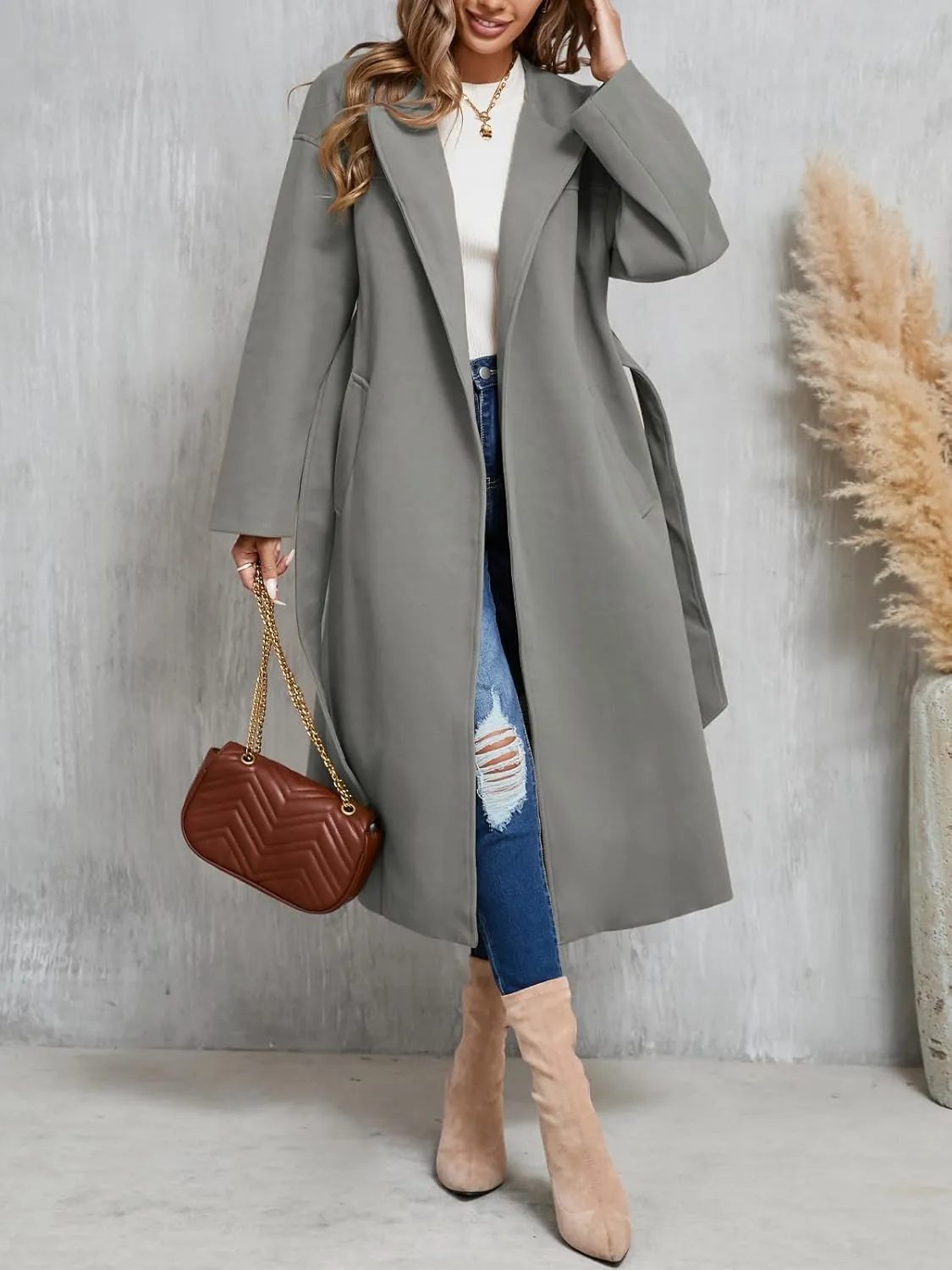 Cicy Bell Womens Long Winter Pea Coats Oversized Warm Open Front Overcoats Jackets with Belt