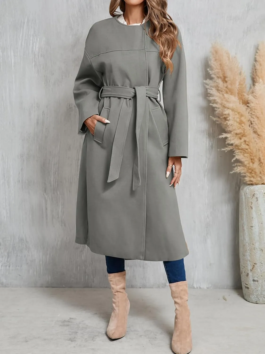 Cicy Bell Womens Long Winter Pea Coats Oversized Warm Open Front Overcoats Jackets with Belt