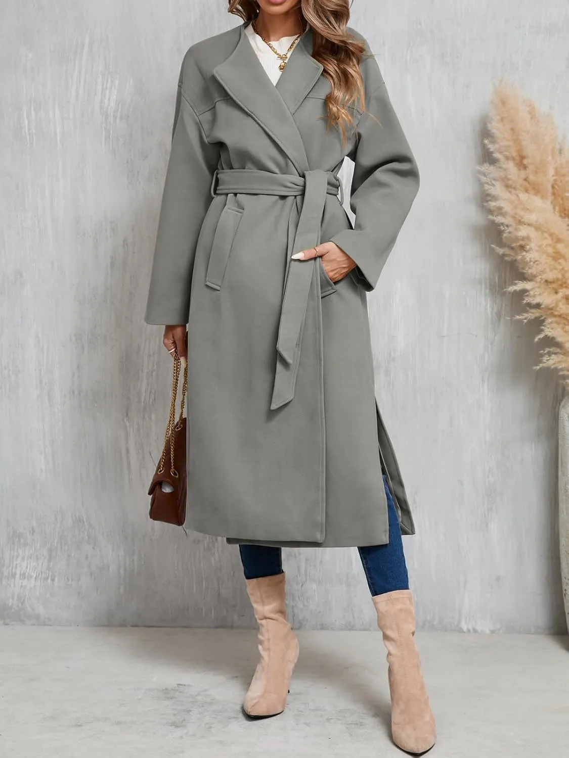 Cicy Bell Womens Long Winter Pea Coats Oversized Warm Open Front Overcoats Jackets with Belt