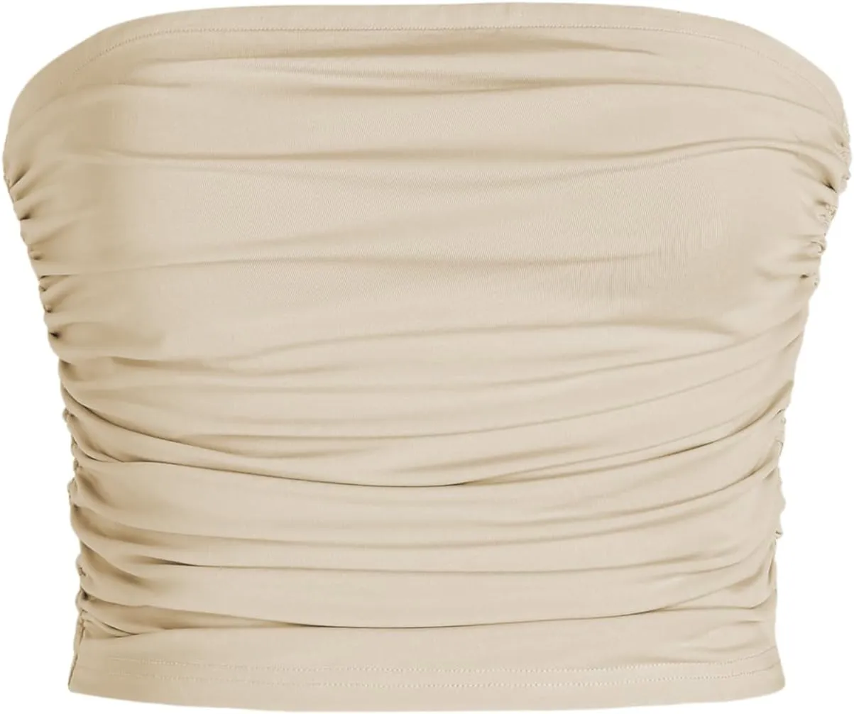 CIDER Tube Top for Women Strapless Ruched Sexy Going Out Basic Bandeau Crop Tops Summer Outfits