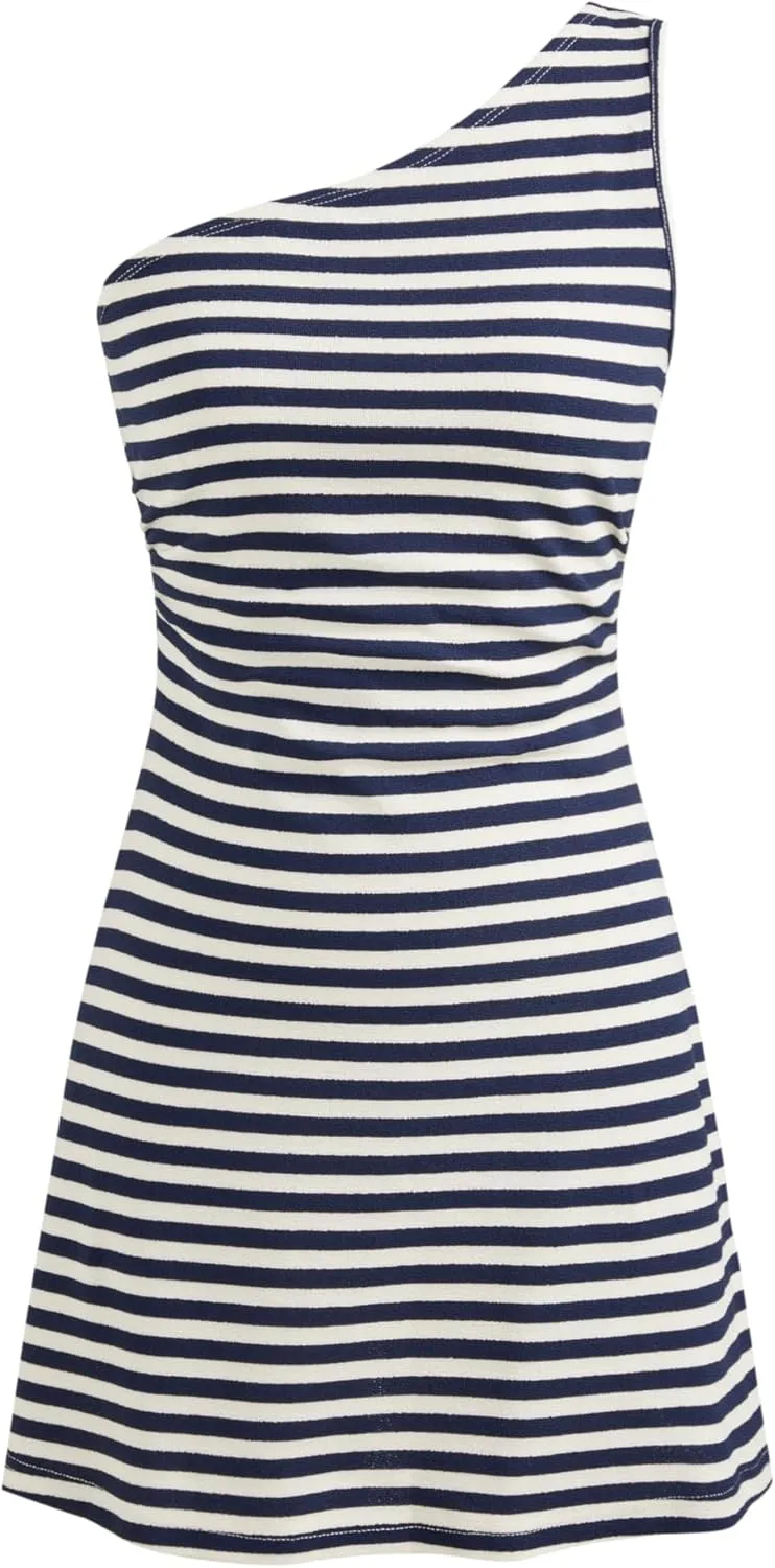 CIDER Women's Summer Striped Mini Dress Sleeveless Bodycon Dresses Asymmetrical Neck Casual Party Club Dress 2025