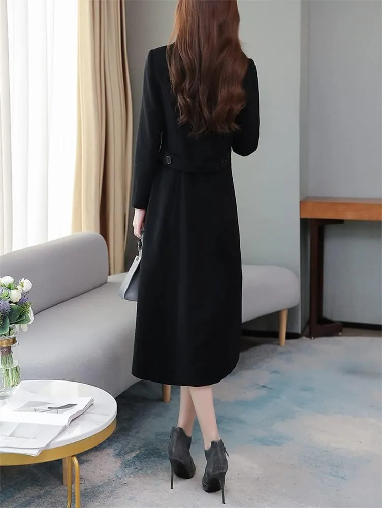 Kinghua Women's Double Breasted Wool Coats Winter Long Wool Pea Coat Overcoat