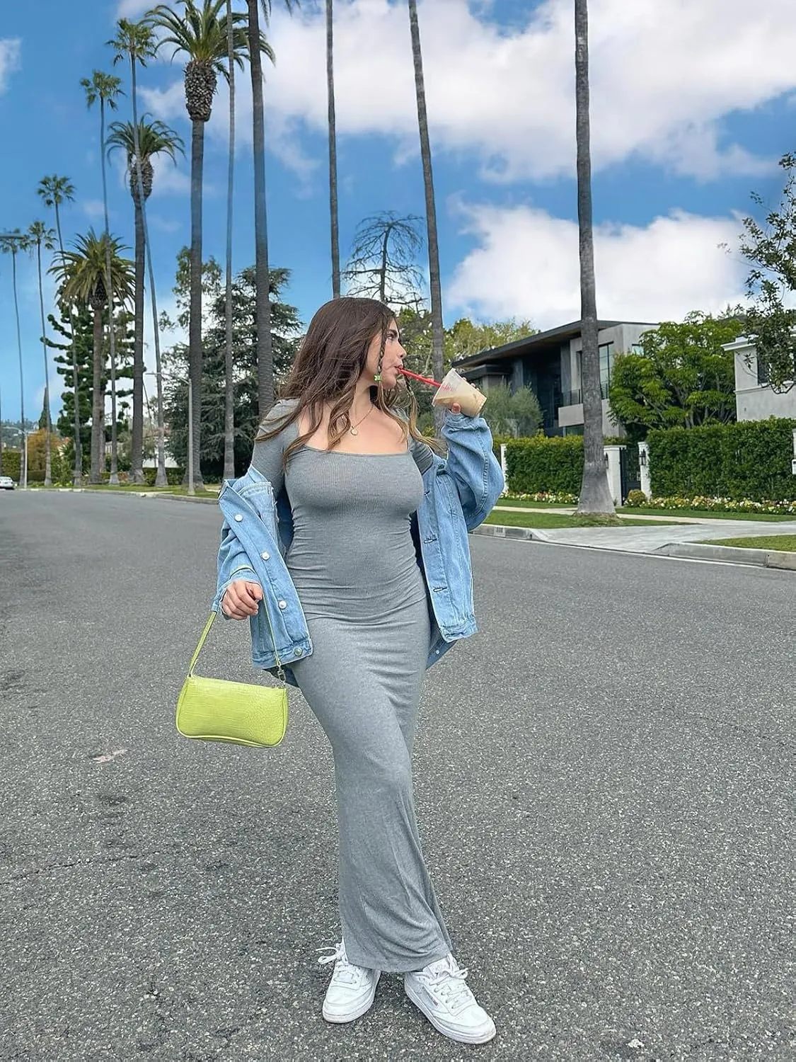 Relety Women's Bodycon Maxi Dresses Ribbed Long Sleeve Lounge Long Dress Square Neck Formal Casual Dresses for Women