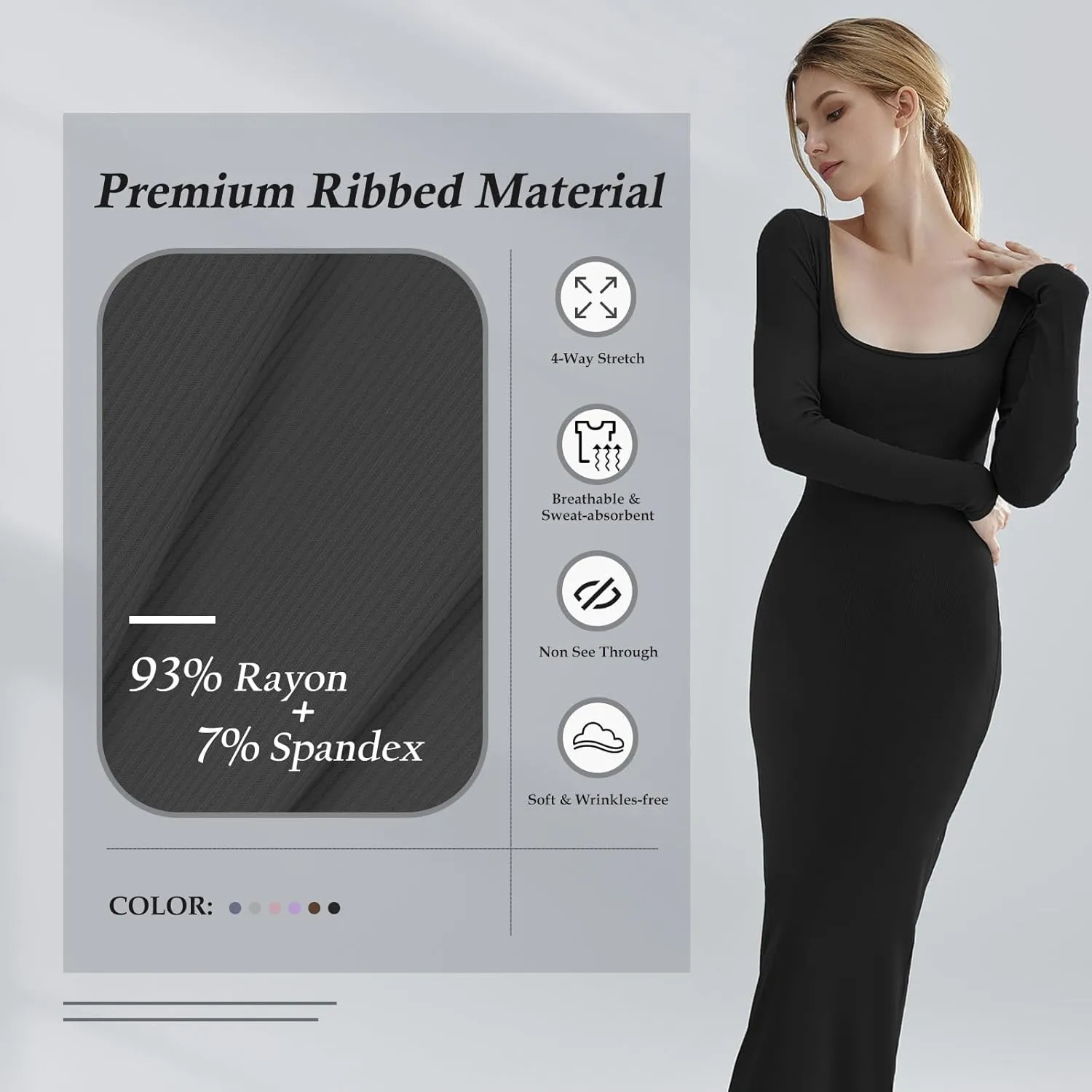 Relety Women's Bodycon Maxi Dresses Ribbed Long Sleeve Lounge Long Dress Square Neck Formal Casual Dresses for Women