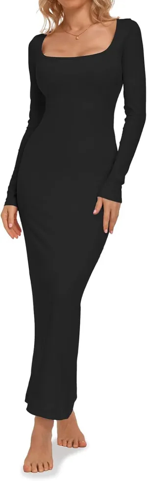 Relety Women's Bodycon Maxi Dresses Ribbed Long Sleeve Lounge Long Dress Square Neck Formal Casual Dresses for Women