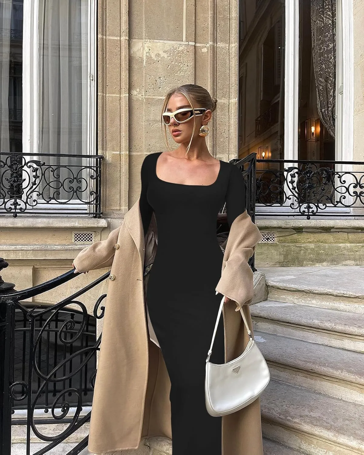 Relety Women's Bodycon Maxi Dresses Ribbed Long Sleeve Lounge Long Dress Square Neck Formal Casual Dresses for Women