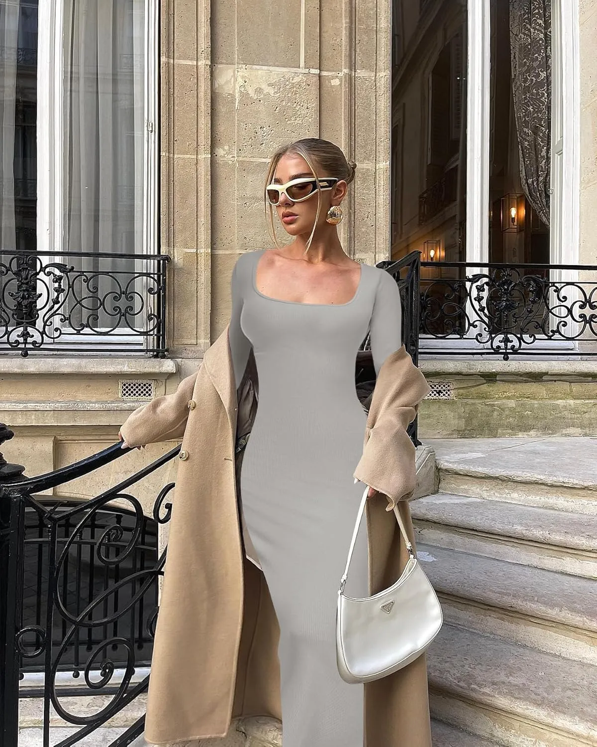 Relety Women's Bodycon Maxi Dresses Ribbed Long Sleeve Lounge Long Dress Square Neck Formal Casual Dresses for Women