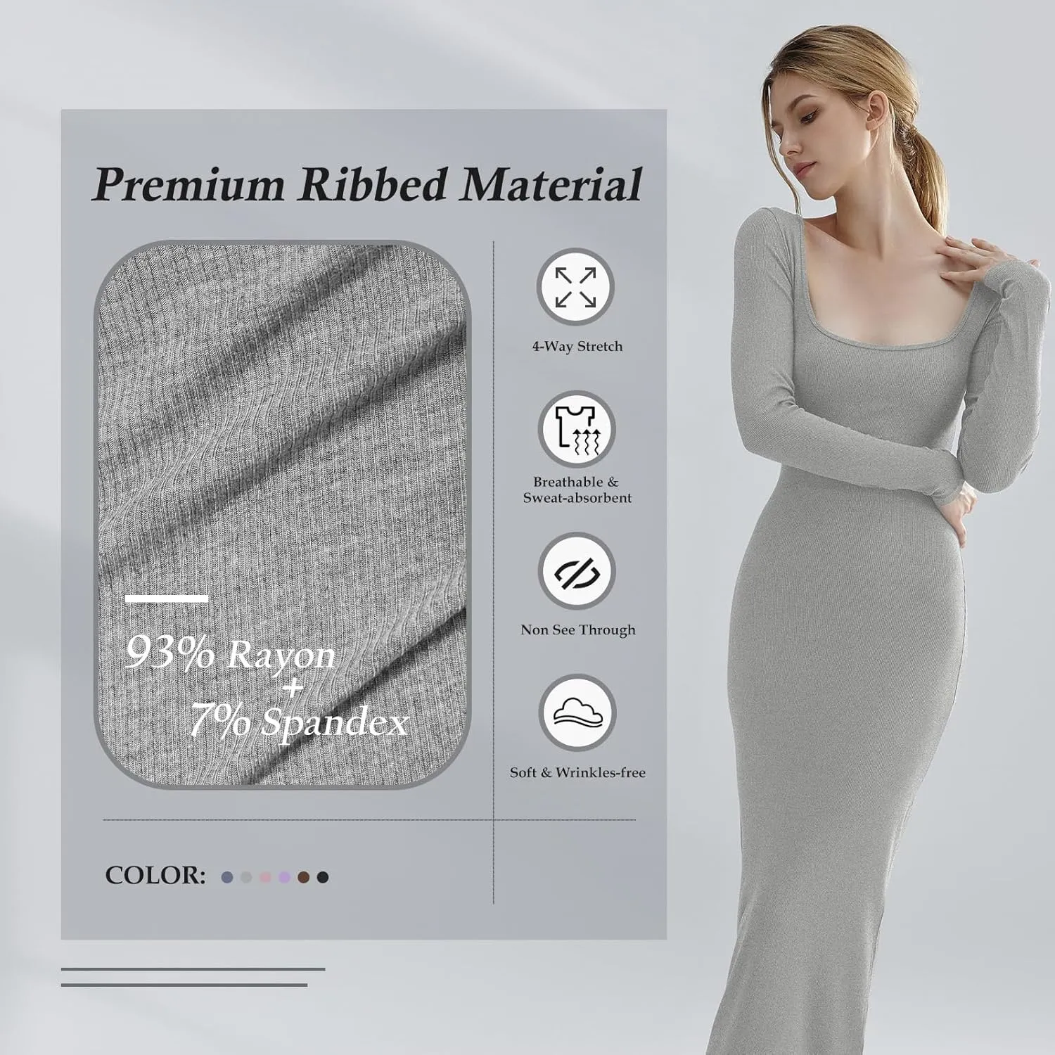 Relety Women's Bodycon Maxi Dresses Ribbed Long Sleeve Lounge Long Dress Square Neck Formal Casual Dresses for Women