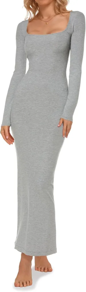 Relety Women's Bodycon Maxi Dresses Ribbed Long Sleeve Lounge Long Dress Square Neck Formal Casual Dresses for Women