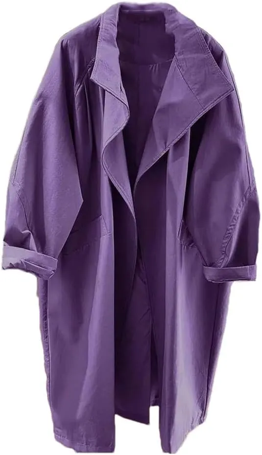 Women Solid Loose Midi Trench Coats Retro Fall Boyfriend Style Overcoats Daily Casual Coat
