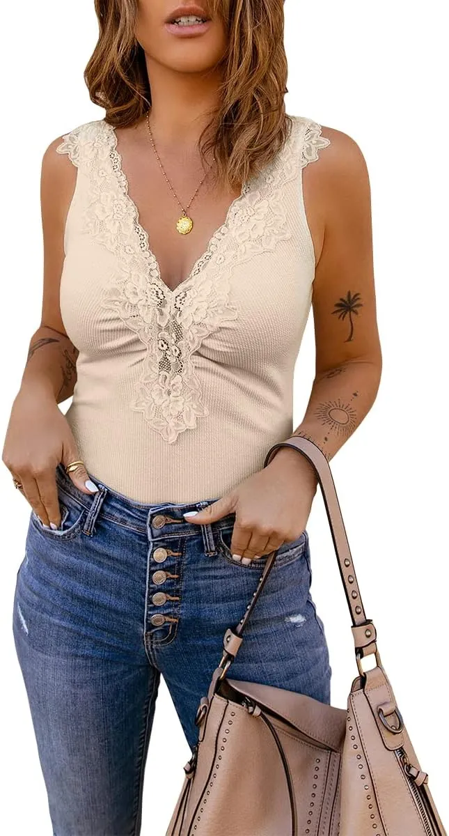 Womens Lace Patchwork Sexy Deep V Neck Knitted Vests Summer Camis Tank Tops