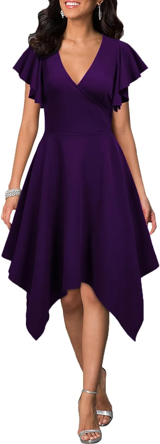WOOSEA Women's Deep V Neck Formal Dress Hem Asymmetrical A Line Party Cocktail Dress